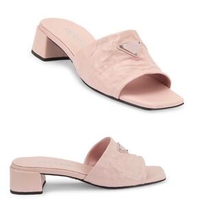 Prada Crinkled Leather Block-Heel Slip on Logo Mules Sandals size 8 Pale Pink